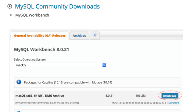 macOS MySQL Community Downloads Workbench